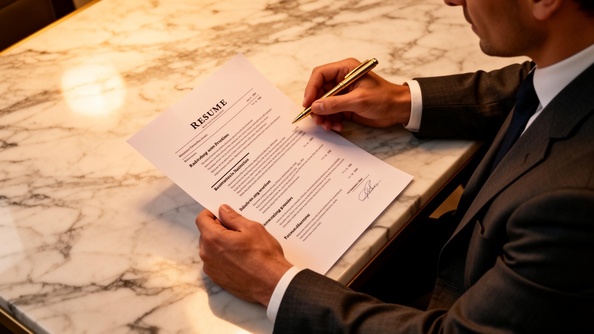 Executive reviewing a printed ATS-optimized resume on a marble desk with a gold pen
