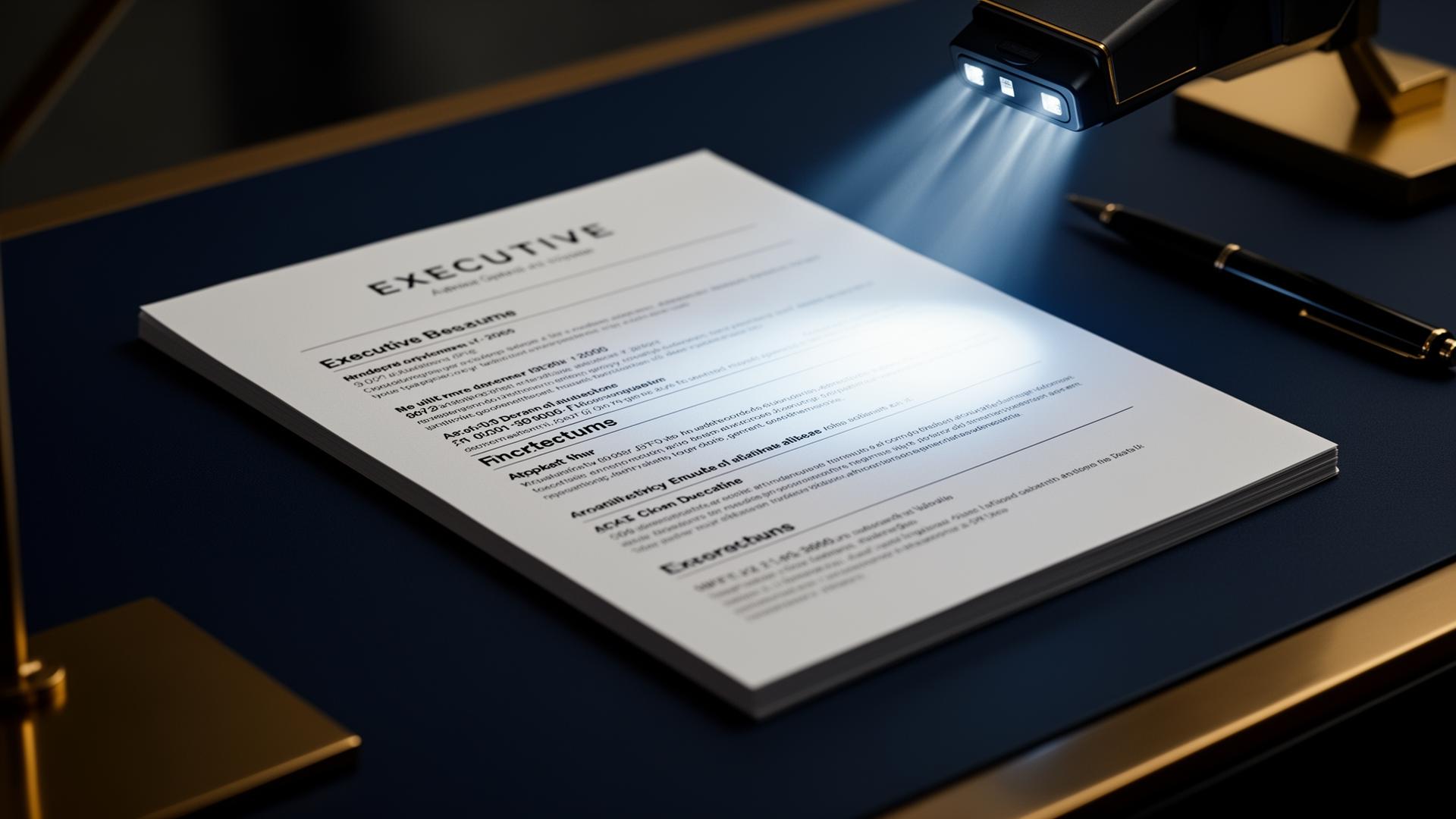 Executive ATS-optimized resume on a navy desk under a scanner beam — Premium Resume