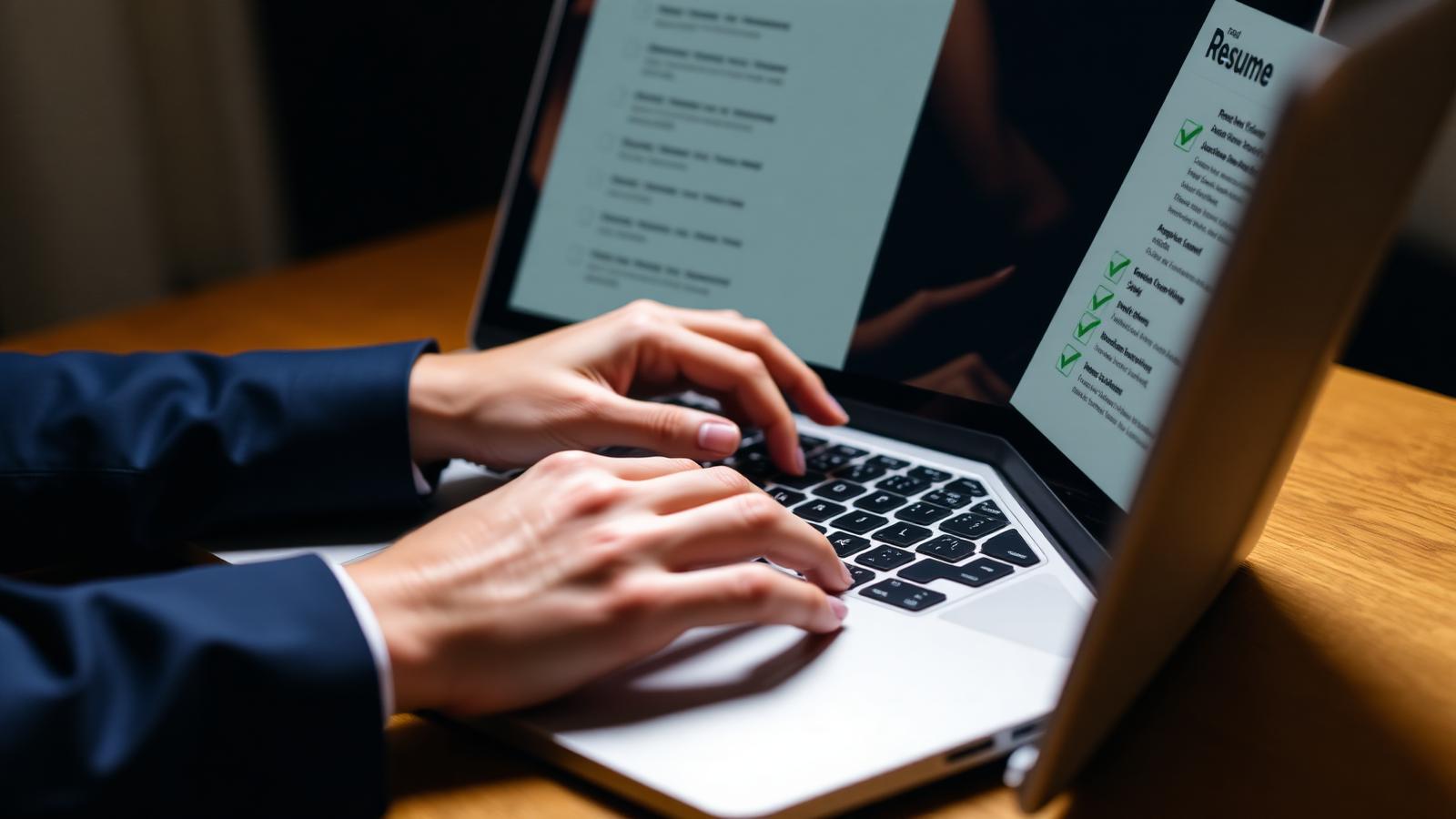 Hands reviewing an ATS-optimized resume on a laptop with checklist visible