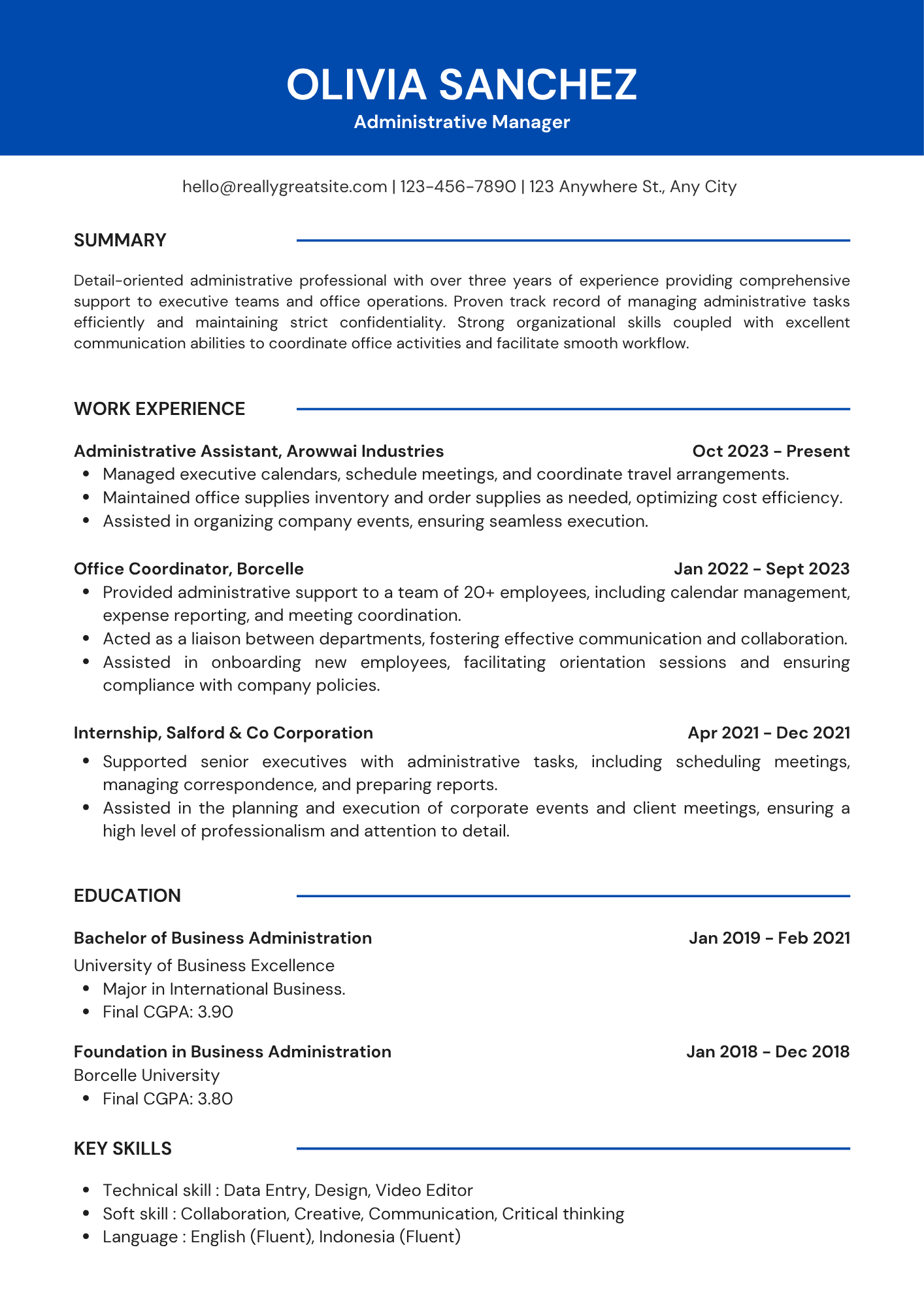 Royal Blue Header resume template preview